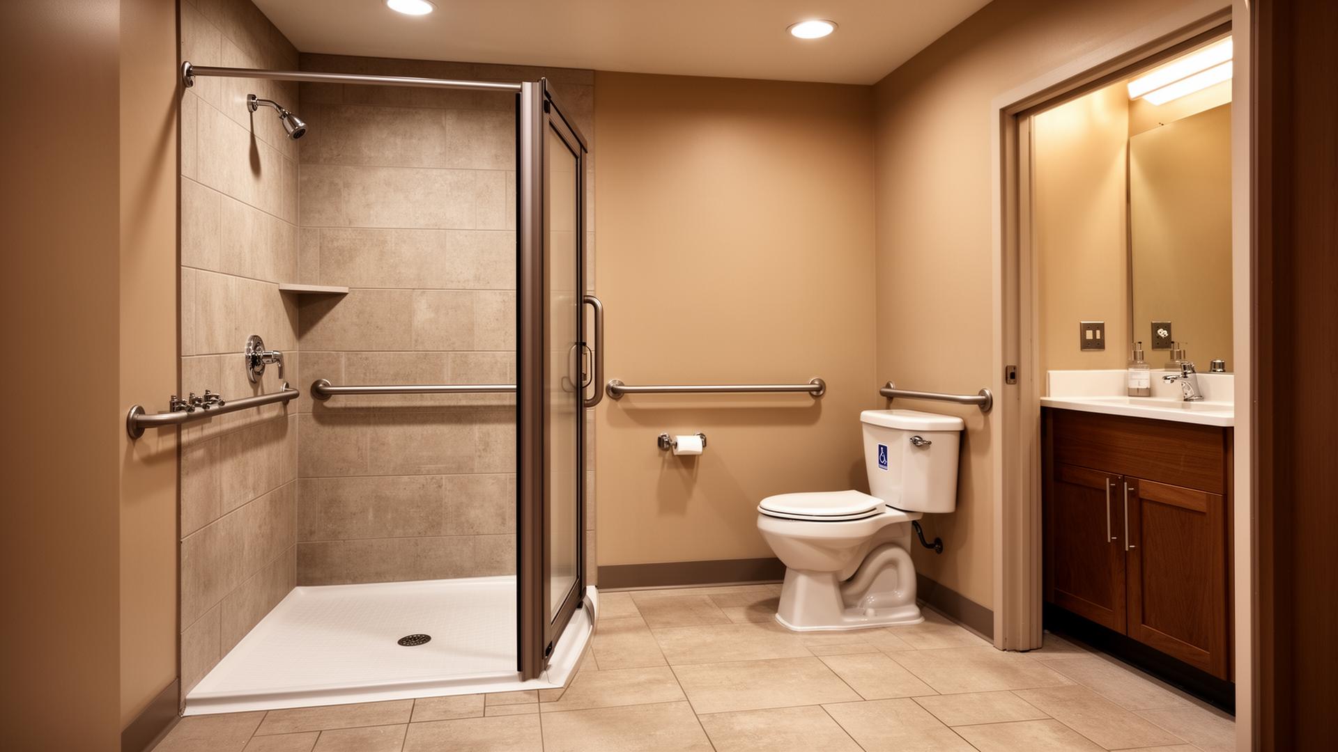 ADA accessible bathroom with roll-in shower and grab bars in Loveland Colorado