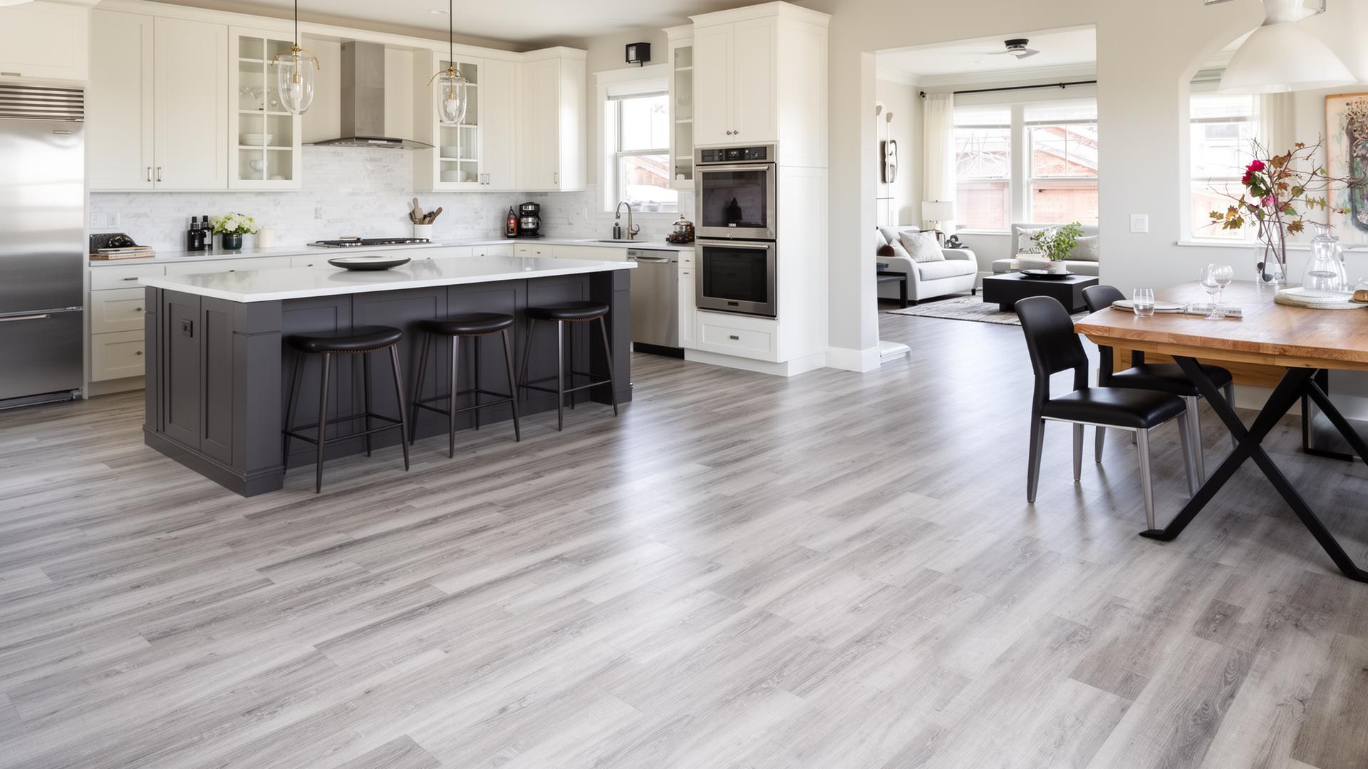 Luxury vinyl plank flooring installed in a modern Colorado kitchen and living area