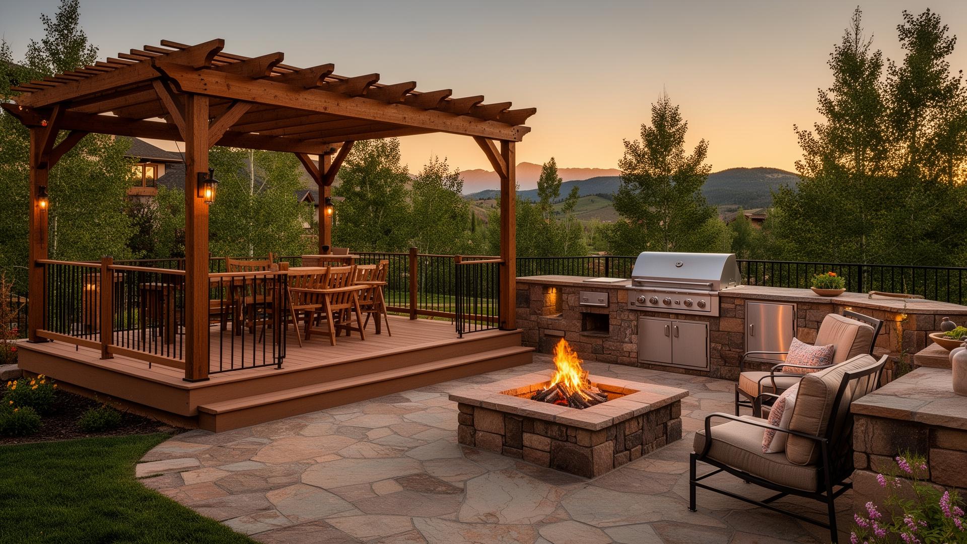 Complete outdoor living space with deck, pergola, fire pit, and outdoor kitchen in Colorado