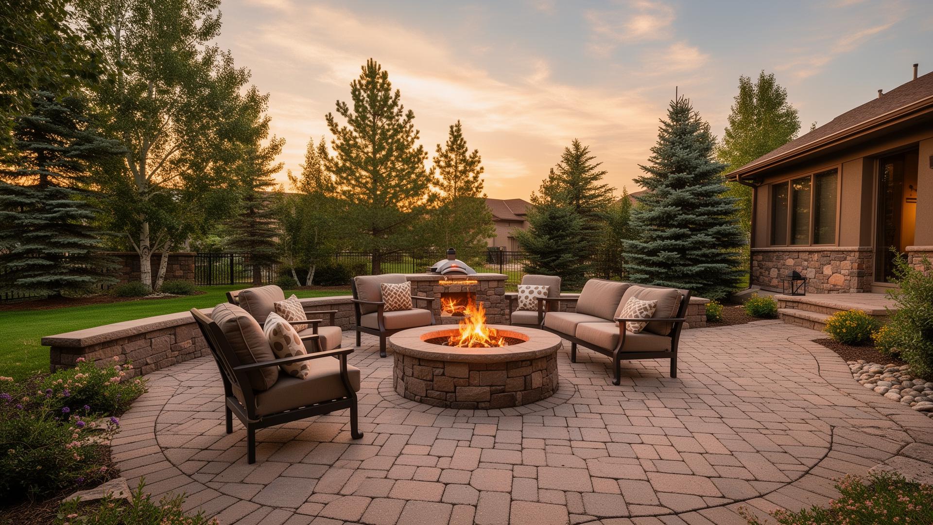 Paver patio with fire pit in a Colorado backyard