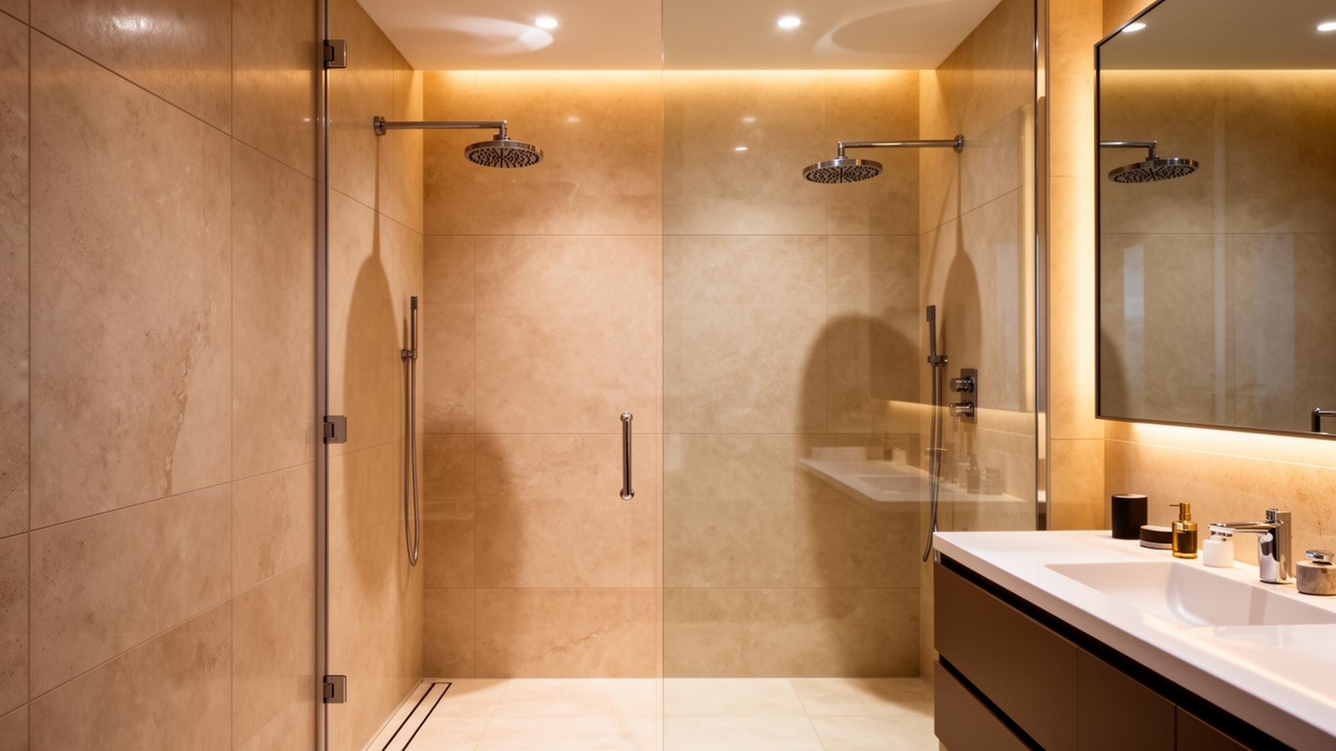 Modern walk-in tile shower with glass enclosure in Loveland Colorado