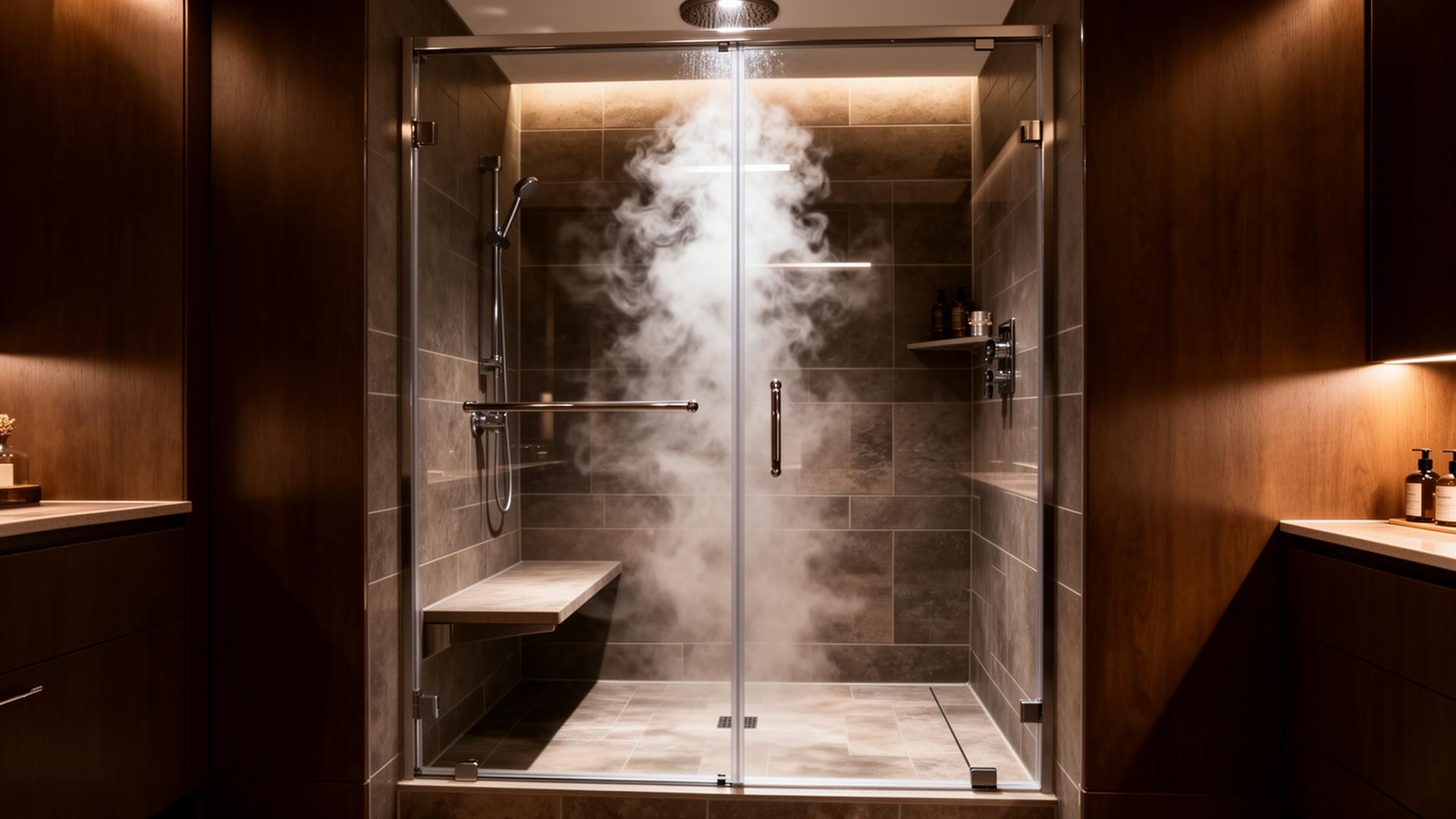 Luxury steam shower enclosure with glass door and steam in Loveland Colorado