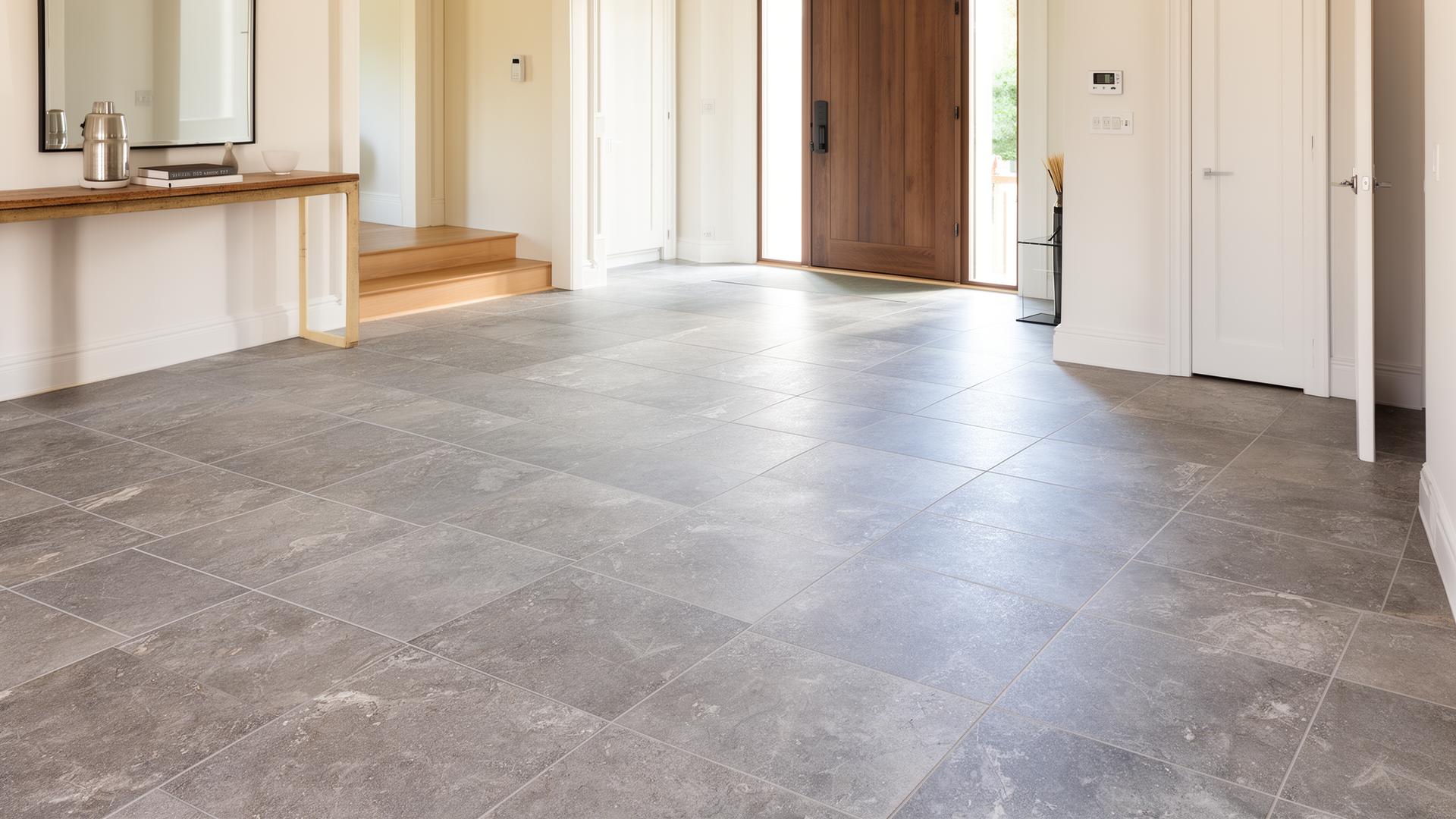 Large format gray porcelain tile flooring installed in a bright Colorado home entryway