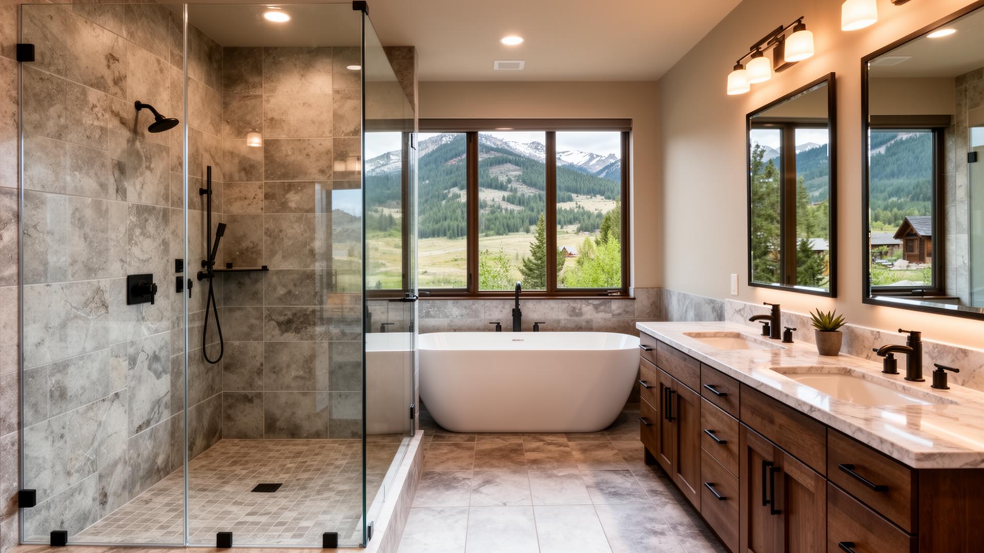 Luxurious remodeled bathroom with walk-in tile shower and freestanding tub in a Colorado mountain home