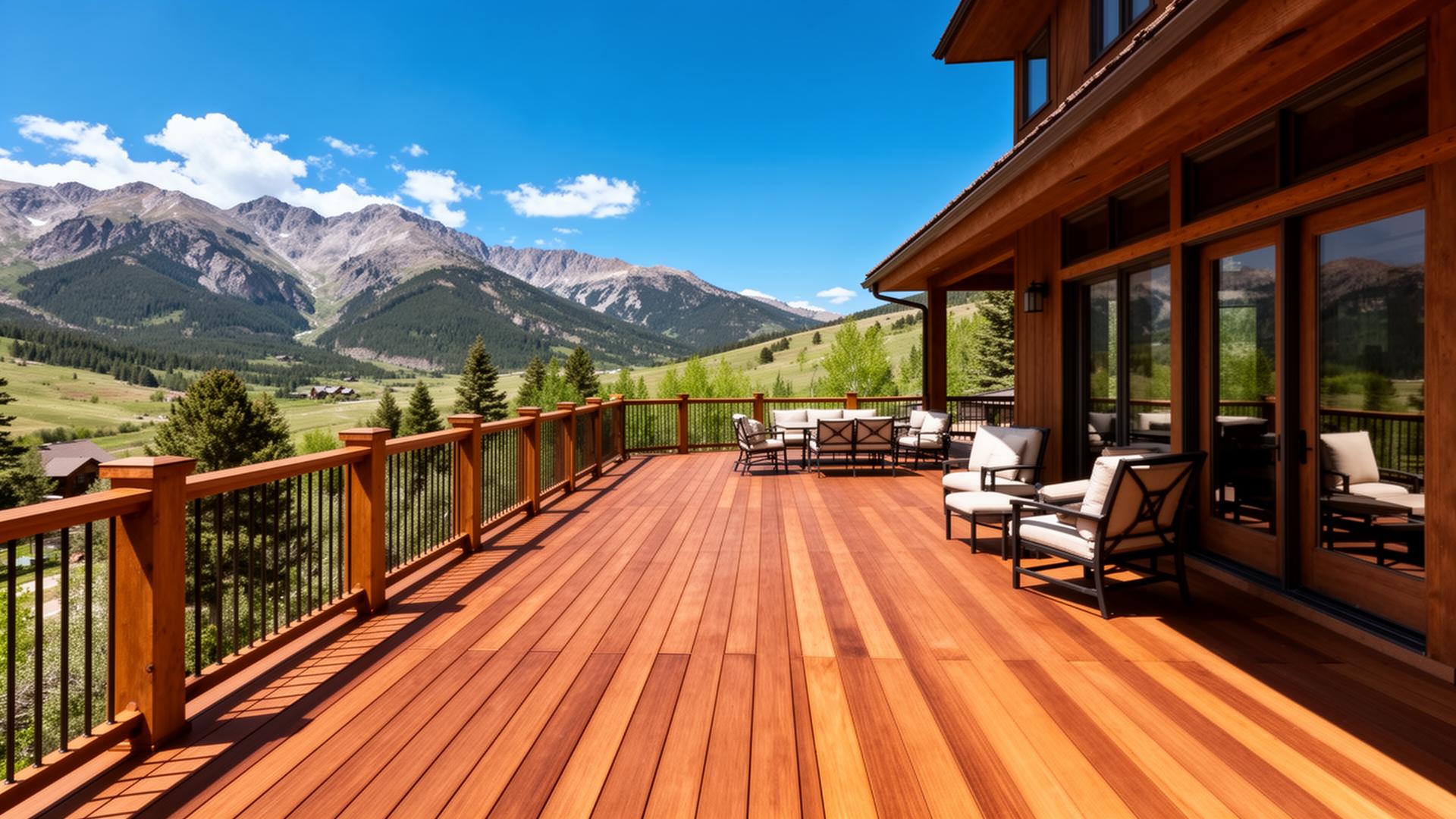Custom wood deck on a Colorado mountain home with Rocky Mountain views