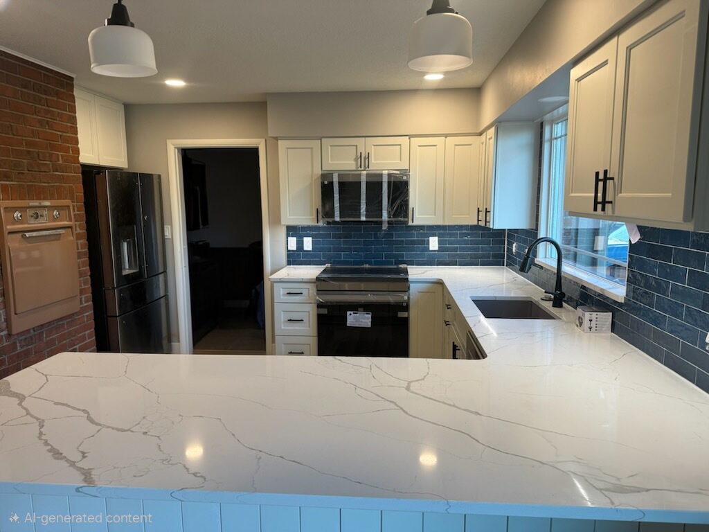 Quartz countertop installation with blue tile backsplash